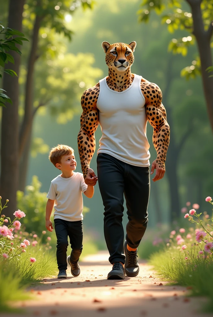 A humanoid body builder cheetah
 with his son walking in the park, wearing white shirts, black pants, and white rubber shoes, 8K