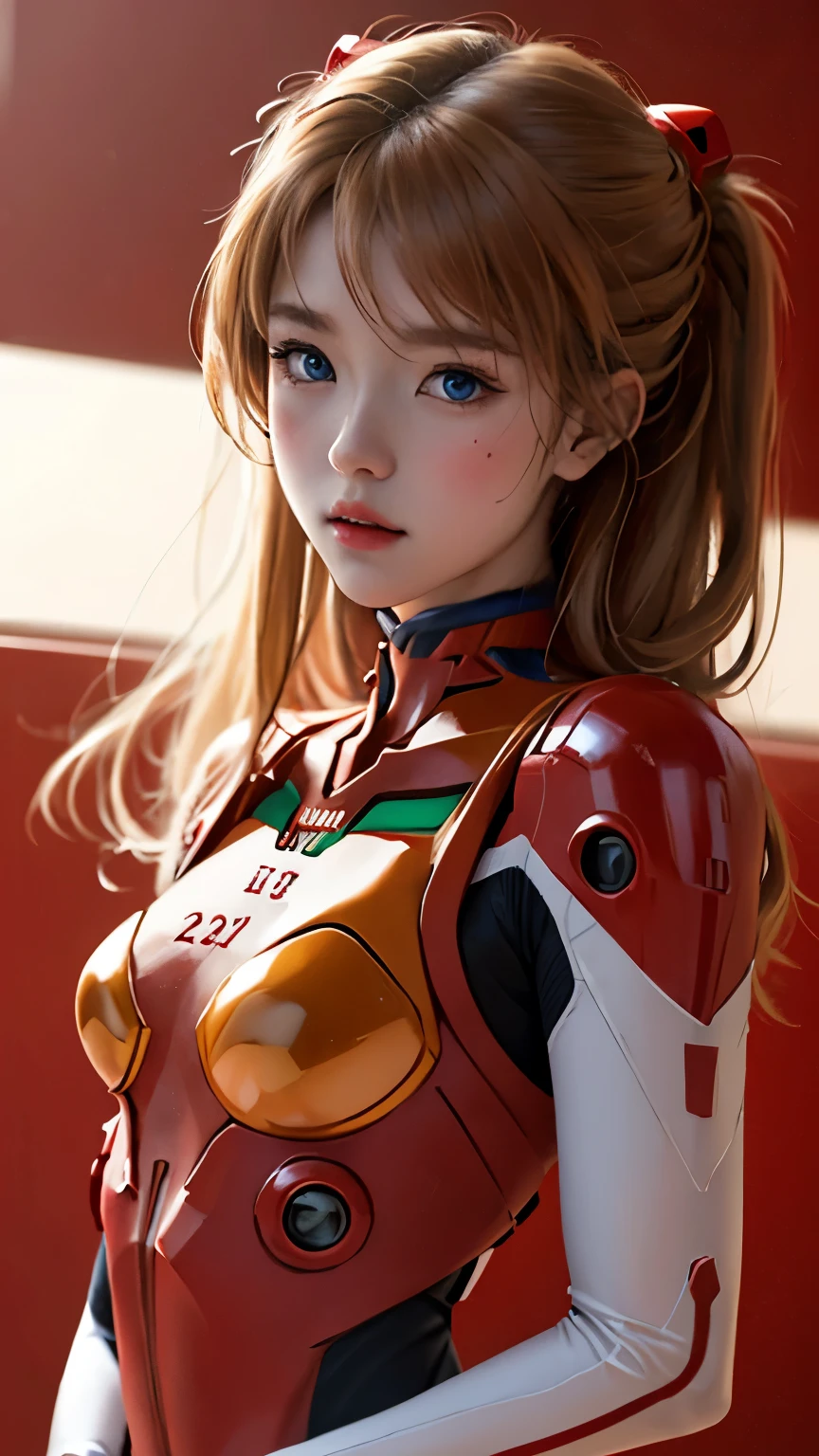 (masterpiece:1.4、Highest quality)、(Intricate details)、Unity8k Wallpapers、Super detailed、Beautiful and mysterious、Detailed Background、Real、solo、Perfectly detailed face、Detailed blue eyes、Very detailed、blush、hair ornaments、Mahogany Hair Chignon、(Blonde Hair)、Plug Suit 02、Shikinami Asuka Langley、Evangelion、Slender、Full Body Suit、Upper Body