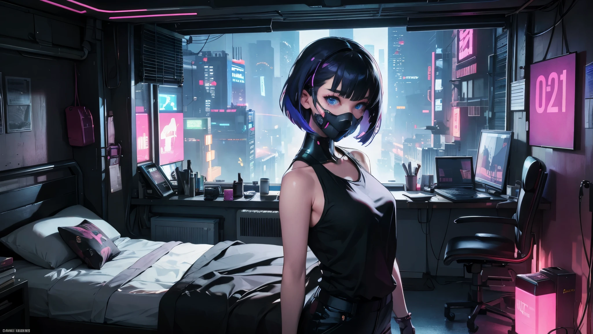 One person, alone, mask, Landscape,View your viewers,Looking out the window,cyber punkシティの夜,Relax in a modest bed,Edge of the screen,Short Hair,, whole body, Black Hair, mouth mask, Holding, blue eyes, Tank top, A large room for a single person with a large window on the front wall, , Halftone, cable,Neon Light,(cyber punk:1.2),