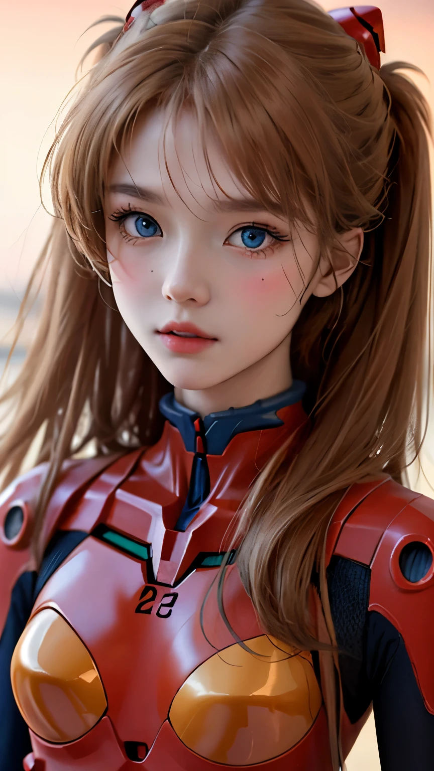 (masterpiece:1.4、Highest quality)、(Intricate details)、Unity8k Wallpapers、Super detailed、Beautiful and mysterious、Detailed Background、Real、solo、Perfectly detailed face、Detailed blue eyes、Very detailed、blush、hair ornaments、Mahogany Hair Chignon、(Blonde Hair)、Plug Suit 02、Shikinami Asuka Langley、Evangelion、Slender、Full Body Suit、Upper Body