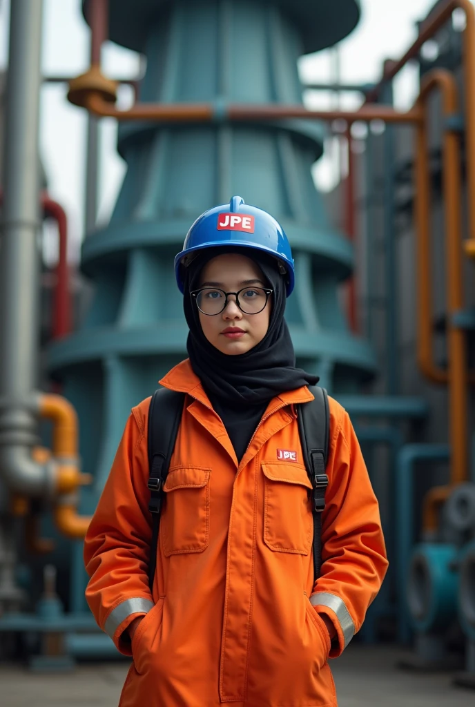 cute fat girl with glasses, black hijab, dark red and dark blue oil and gas coveralls, black backpack, blue helmet with JPE logo, font in red, gas turbine background.