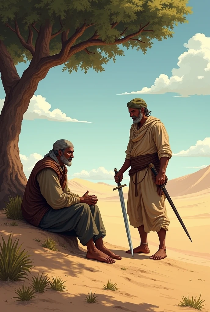 A man sitting under a tree in the desert Another man standing with a sword in his hand His sword fell in fear
