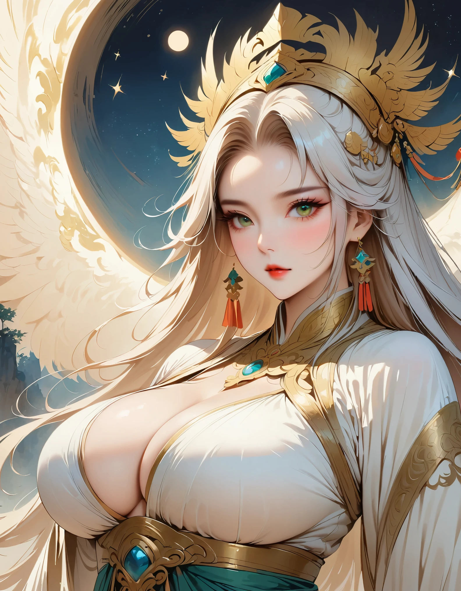 Master works, masterpieces, high quality, extreme detail, classical beauty, (1 female,huge oppai,white long hair), (wearing a loose armor)(Golden), ((delicate face)), (best details), ((green eyes)), ((Golden headdress)),(open pose) ,sun, moon and stars background, ambitious