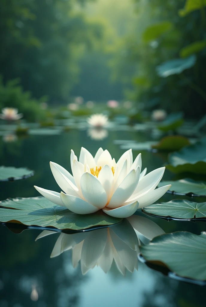 there is a white flower floating on top of a pond of water, cloisonnism, a photorealistic painting, by Lü Ji, lotus petals, lotus flowers on the water, lotus flowers, water lilies, with lotus flowers