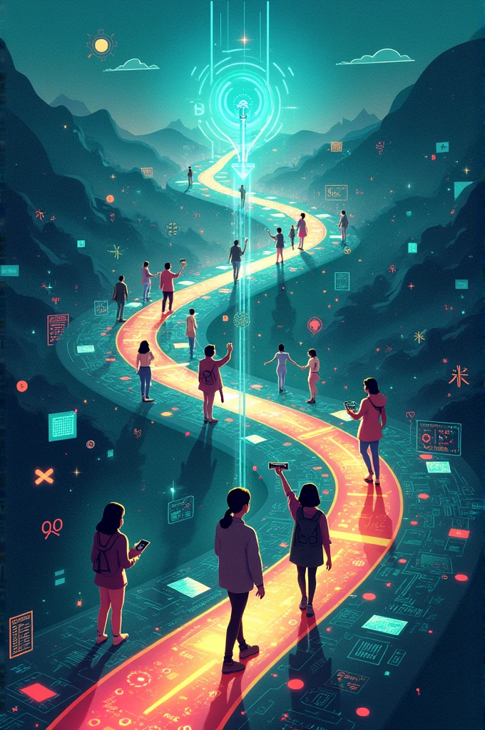 Poster of A vibrant, interconnected network of digital pathways leading to a innivative future. Include symbols of technology (e.g., smartphones, laptops, coding), sustainability (e.g., trees, clean energy), and youth (e.g., diverse group of young people).