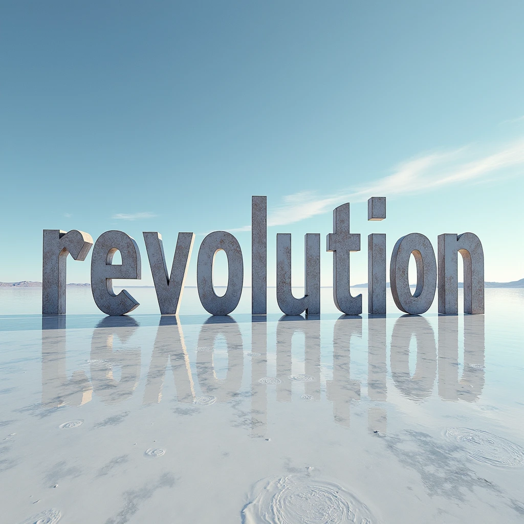 The words "Revolution" written in large letters at the bottom of the screen, ((masterpiece, highest quality, Highest image quality, High resolution, photorealistic, Raw photo, 8K)), ((Extremely detailed CG unified 8k wallpaper)), The Revolution reflected in the Uyuni Salt Flats,