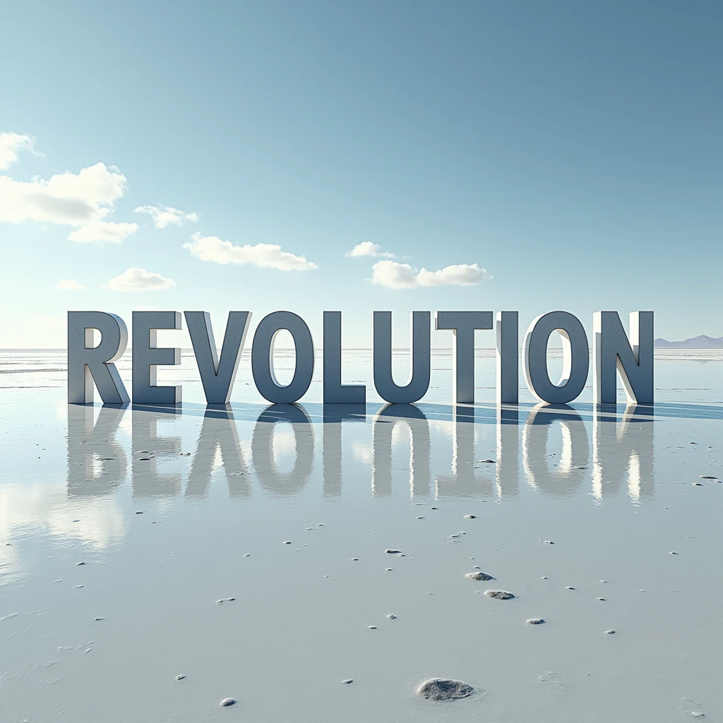 The words "Revolution" written in large letters at the bottom of the screen, ((masterpiece, highest quality, Highest image quality, High resolution, photorealistic, Raw photo, 8K)), ((Extremely detailed CG unified 8k wallpaper)), The Revolution reflected in the Uyuni Salt Flats,