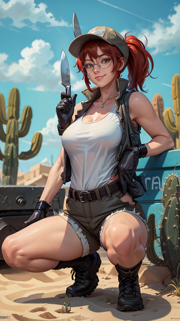 fio germi, glasses, red hair, ponytail, hat, vest, white tanktop, gloves, shorts, boots, kneepads, looking at viewer, serious, smirk, squatting, spreading legs, outside, desert, holding a knife, cactus, blue sky, extreme detail, masterpiece, 