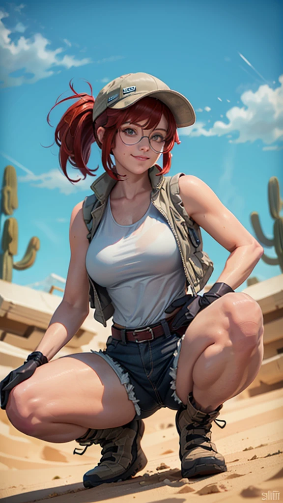 fio germi, glasses, red hair, ponytail, hat, vest, white tanktop, gloves, shorts, boots, kneepads, looking at viewer, serious, smirk, squatting, spreading legs, outside, desert, holding a knife, cactus, blue sky, extreme detail, masterpiece, 