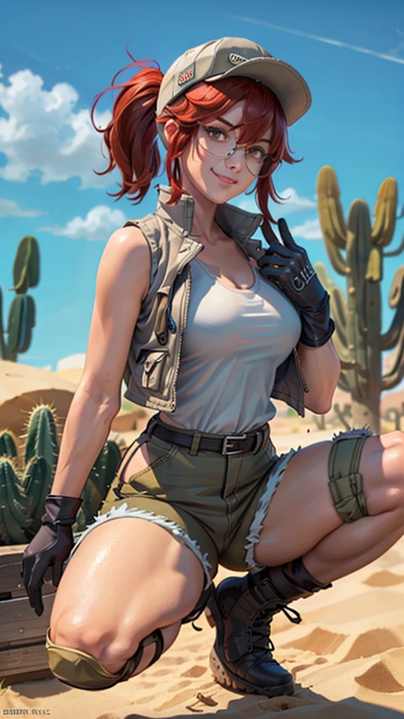 fio germi, glasses, red hair, ponytail, hat, vest, white tanktop, gloves, shorts, boots, kneepads, looking at viewer, serious, smirk, squatting, spreading legs, outside, desert, holding a knife, cactus, blue sky, extreme detail, masterpiece, 