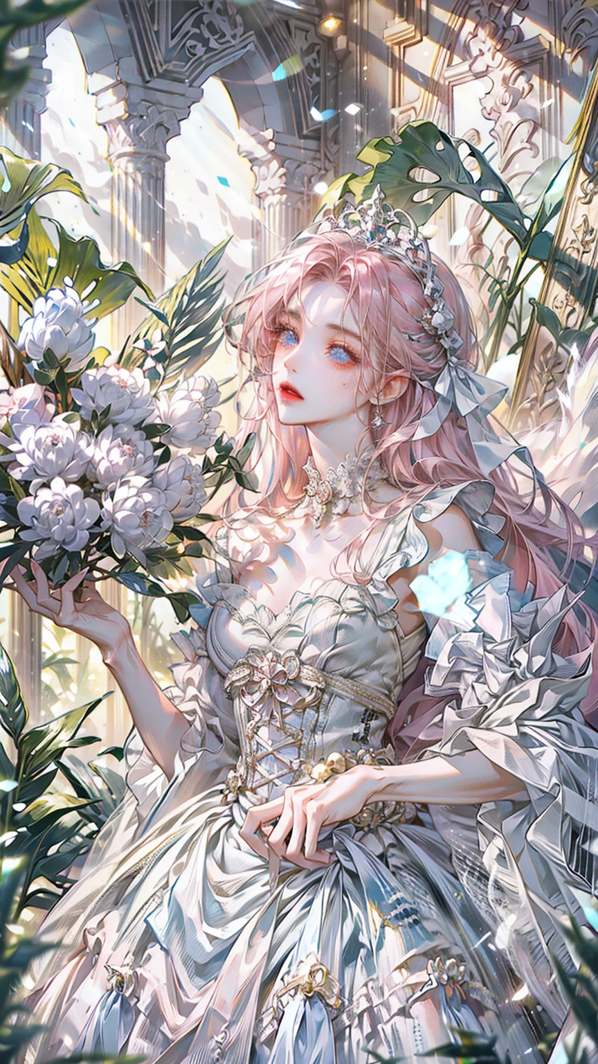 ((best quality)), ((ultra high definition)), ((masterpiece)), ((Romance Fantasy)), ((illustration)), (detailed), (clear), (Perfect), 1 woman, mature, beautiful, pure, expressionless, long pink hair with bangs, white skin, Sapphire blue eyes, Deep double eyelids, abundant eyelashes, pretty lips, big bust, small waist, White dress with lace, Hands on waist gesture, Spacious banquet hall