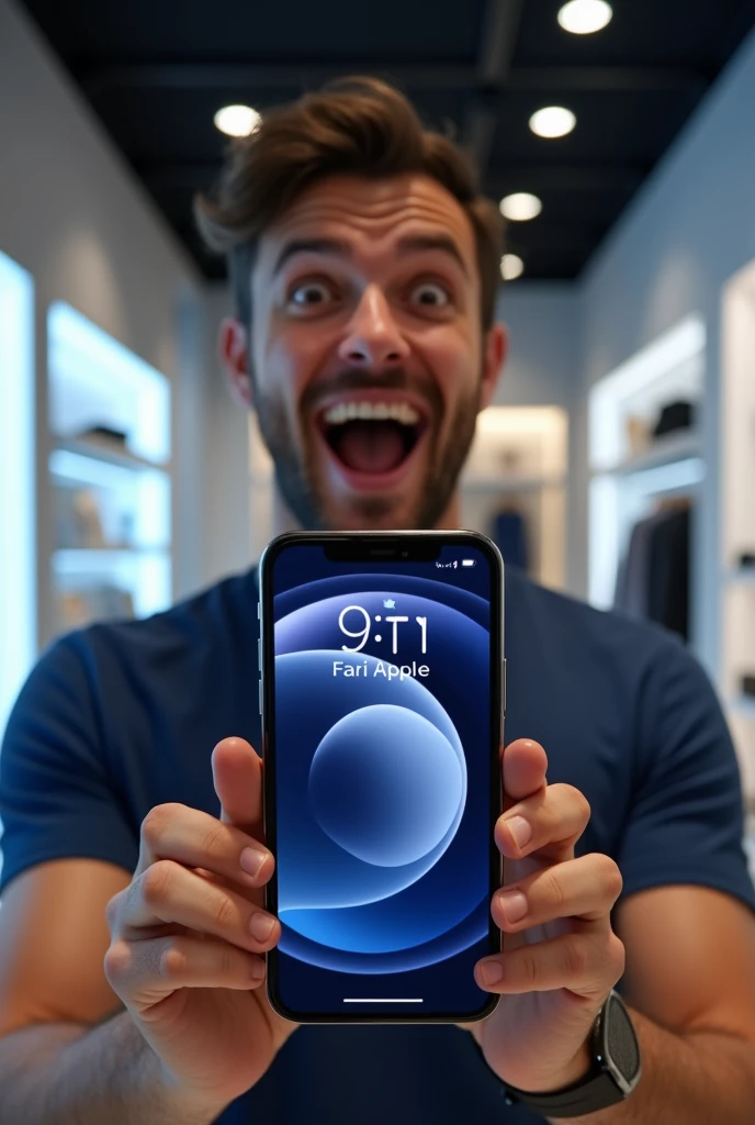 Give me a man shocked and happy to buy one iPhone 15 pro for ₹90,000 from fariapple show fariapple on iphone screen show fariapple brand name on screen
