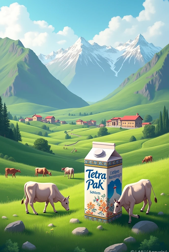Tetra pak milk product design with mountains cows beautiful village  in uzbekistan