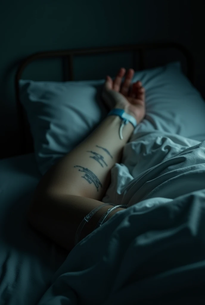 You can create an image of an arm resting on a hospital bed receiving IV fluids, and that the perspective is on the shoulder, a shoulder down view, that is, the hand and it looks subtly blurred at the end where the fingers are  (clearly so that the shoulder is not visible) and on the wrist there are marks of scars like passed lines... with 100% realism% that the image is very dark and the bed and arm are leaning against the wall , that the person is not seen, only the arm