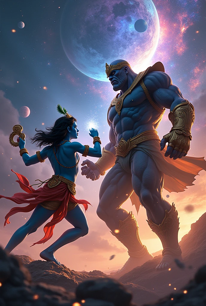 Lord Krishna fighting thanos outside galaxy