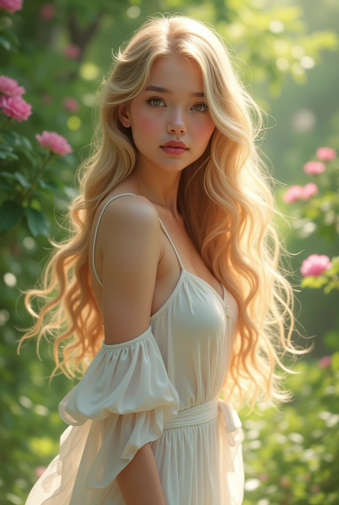 blonde woman with long hair and white dress posing for a photo, A girl with black hair, with long blonde hair, linda mulher sul-korean, parque roseanne de blackpink, long blonde hair and big eyes, white hime cut hairstyle, fair skin curly blonde hair, with white long hair, Linda jovem korean, korean, Heonhwa Choe
