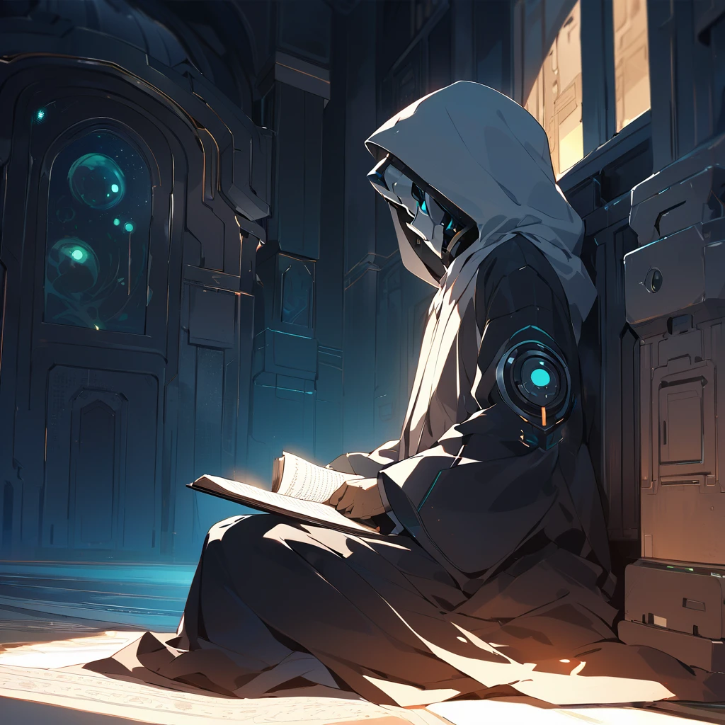 scull face sci fi robot men with robe hood sitting reading Quran in mosque. picture was side view. environtment was dark with evening light. look like wise and interligent. look mysterious. nobody around.