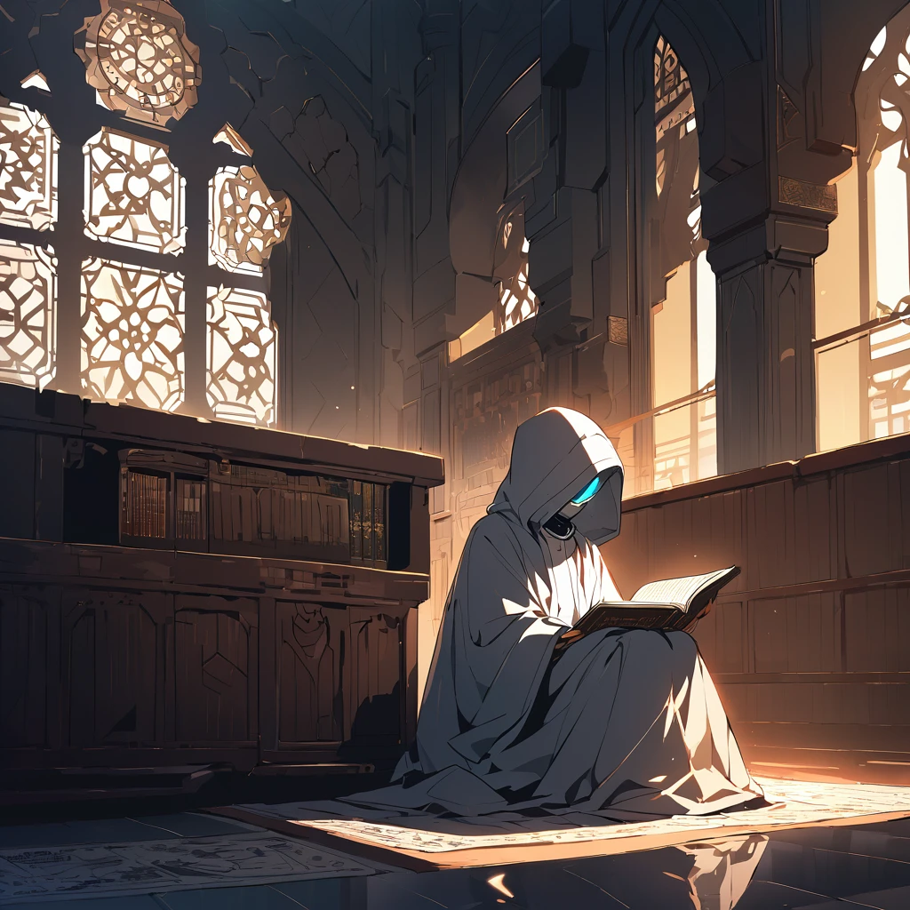 scull face sci fi robot men with robe hood sitting reading Quran in mosque. picture was side view. environtment was dark with evening light. look like wise and interligent. look mysterious. nobody around.