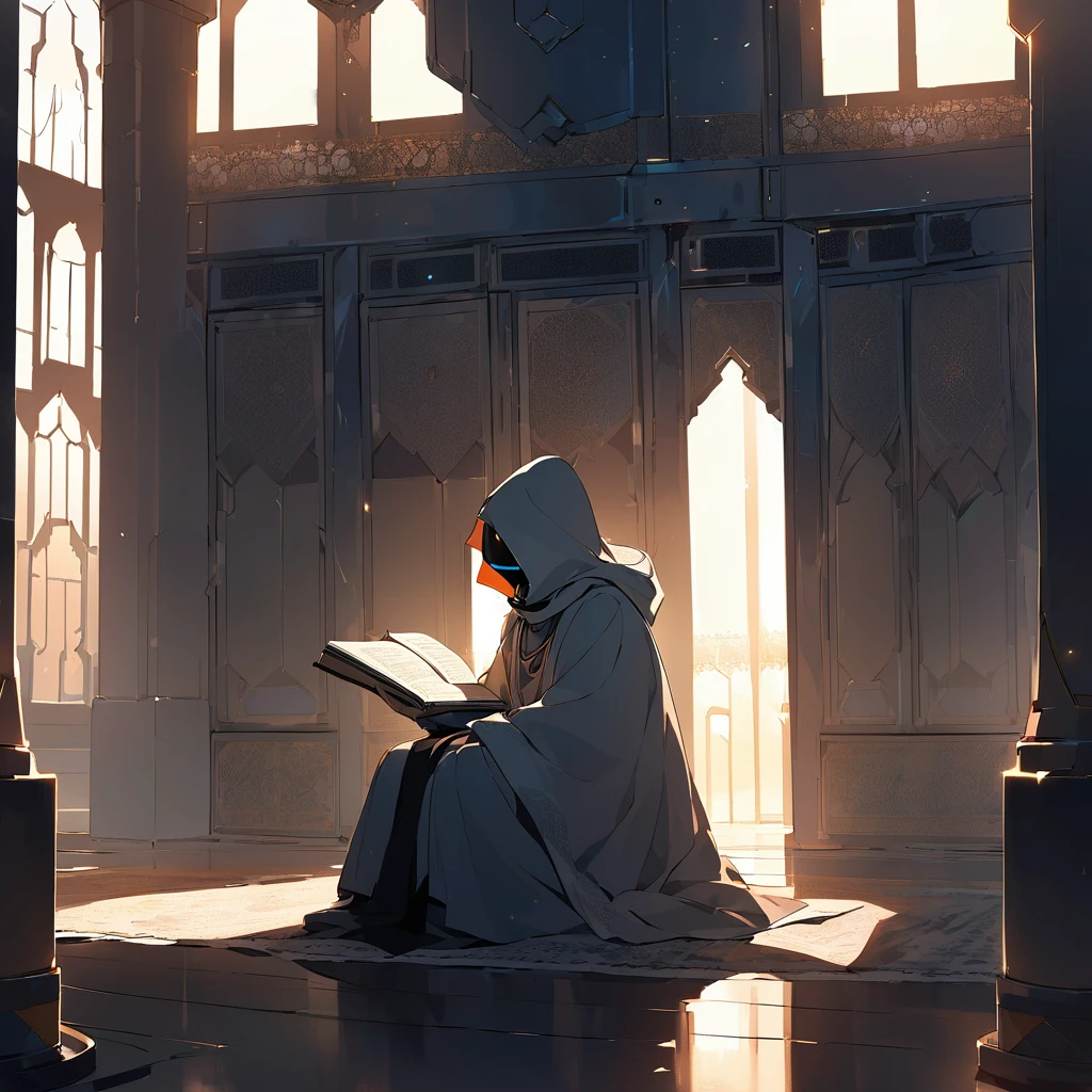 scull face sci fi robot men with robe hood sitting reading Quran in mosque. picture was side view. environtment was dark with evening light. look like wise and interligent. look mysterious. nobody around.