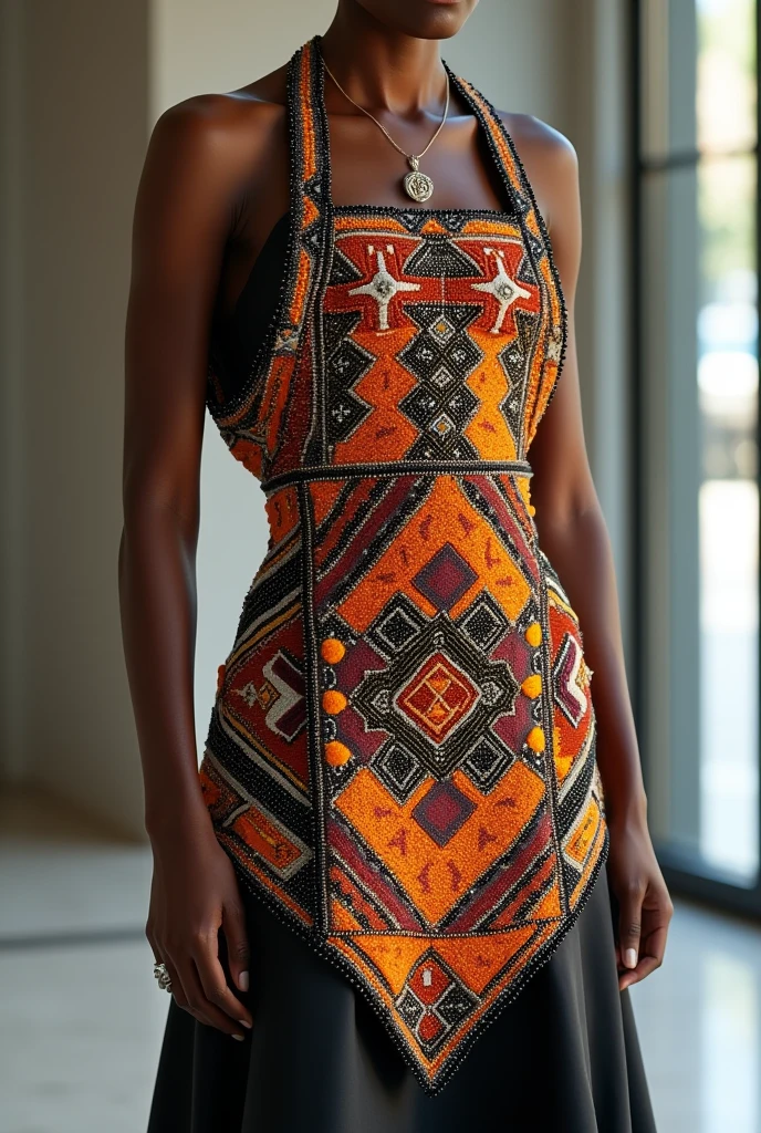 Transform the beaded apron into a statement piece that can be worn over a simple dress or as a part of a modern outfit, maintaining the traditional patterns but adapting them to modern styles.