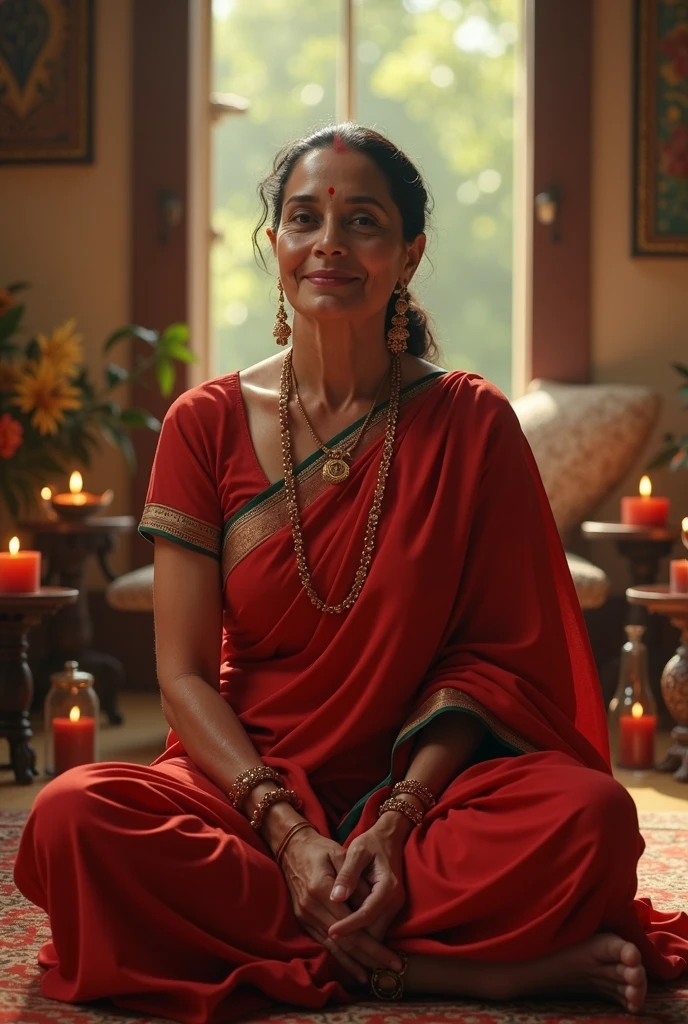 A mother wearing red saree, sitting in pooja room, midriff visible