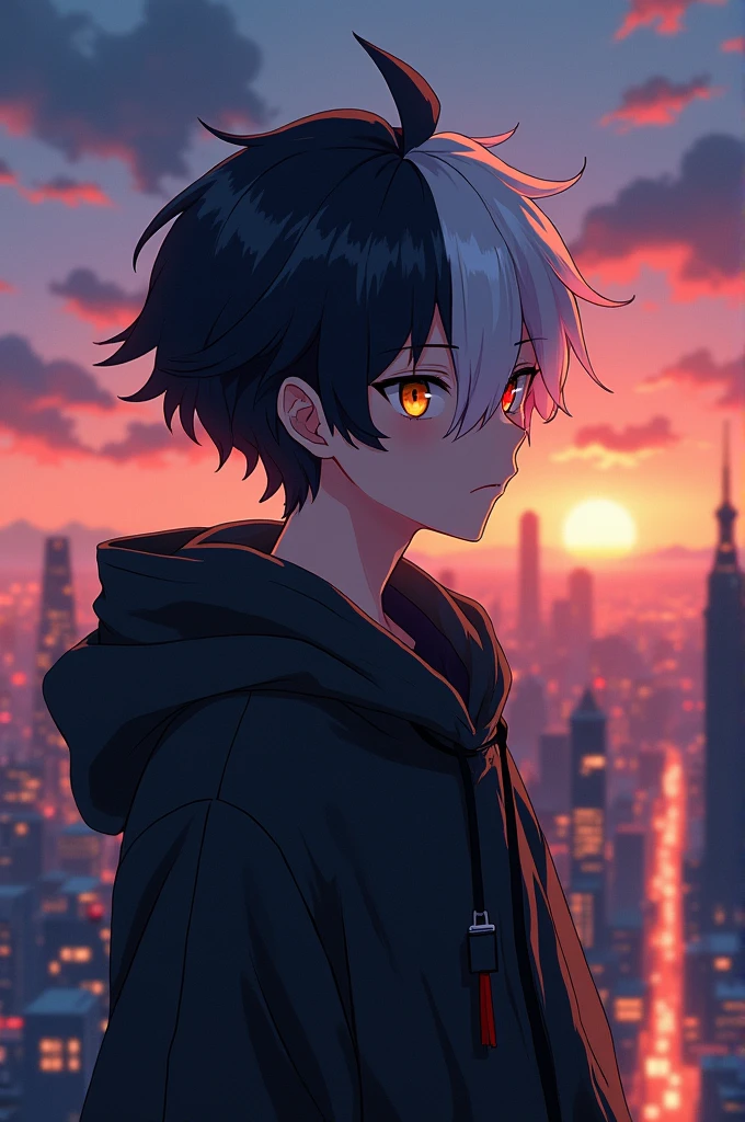 A aesthetic Cool anime adult boy with half black and white hair his left  eye is yellow color and right eye is red color Wearing hoddie and standing on top of high building rooftop evening time