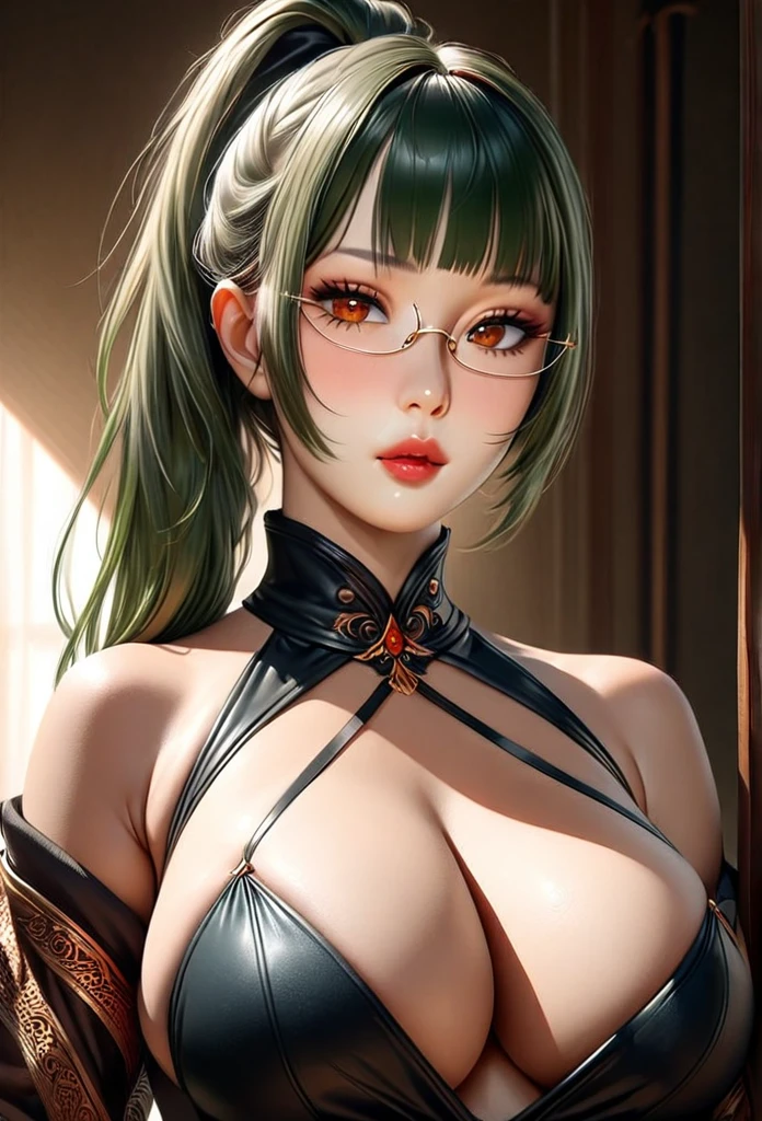 1girl, elegant erotic beautiful girl, big breasts, ((long green hair with pony tail and straight bangs)), glasses, maxi dress, adultery, indecent, vulgar, (best quality,4k,8k,highres,masterpiece:1.2),ultra-detailed,(realistic,photorealistic,photo-realistic:1.37),intricate details, delicate facial features, beautiful amber eyes, ulzzang, long eyelashes, small nose, full lips, porcelain skin, natural lighting, warm color palette, chiaroscuro lighting, dramatic shadows, sensual, alluring, mature themes, artistic, dreamlike, ethereal, sideboob, cleavage, looking at viewer, ulzzang, (amber eyes), (close up face portrait),