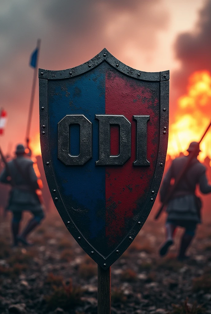 Shield with the word ODI in capital letters and black tones, bluish and reddish, that includes a battle between 2 armies, set in the year 1900