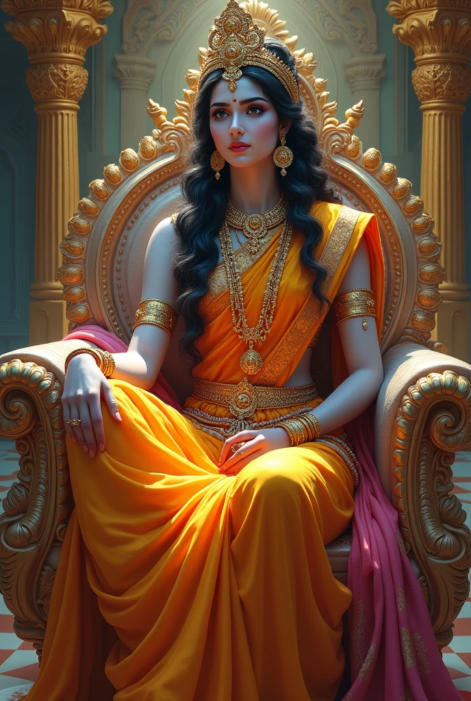 Create a picture about a beautiful girl called Saranya who is sitting onLord Krishna's lap in his palace, Hindu Supreme God
