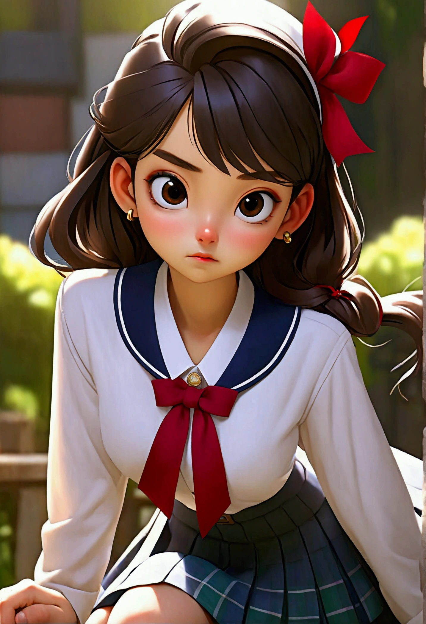 (((8k、High resolution、Highest quality、High resolution)))alone、Natural body shape、White skin、Natural Makeup、Black Hair、bangs、Straight Long Hair、、((High School Uniform)) 、((white collared long sleeve blouse))、((Navy blue checked mini pleated skirt))、(red school ribbon)、、(Big Breasts)、((The upper body is wearing a uniform))、(((((Looking into the camera)))))、(((Head to shin portrait)))、(((Exposing your thighs)))、Bedroom、On the bed、Sit with your legs apart、((Focus on the crotch))、White socks