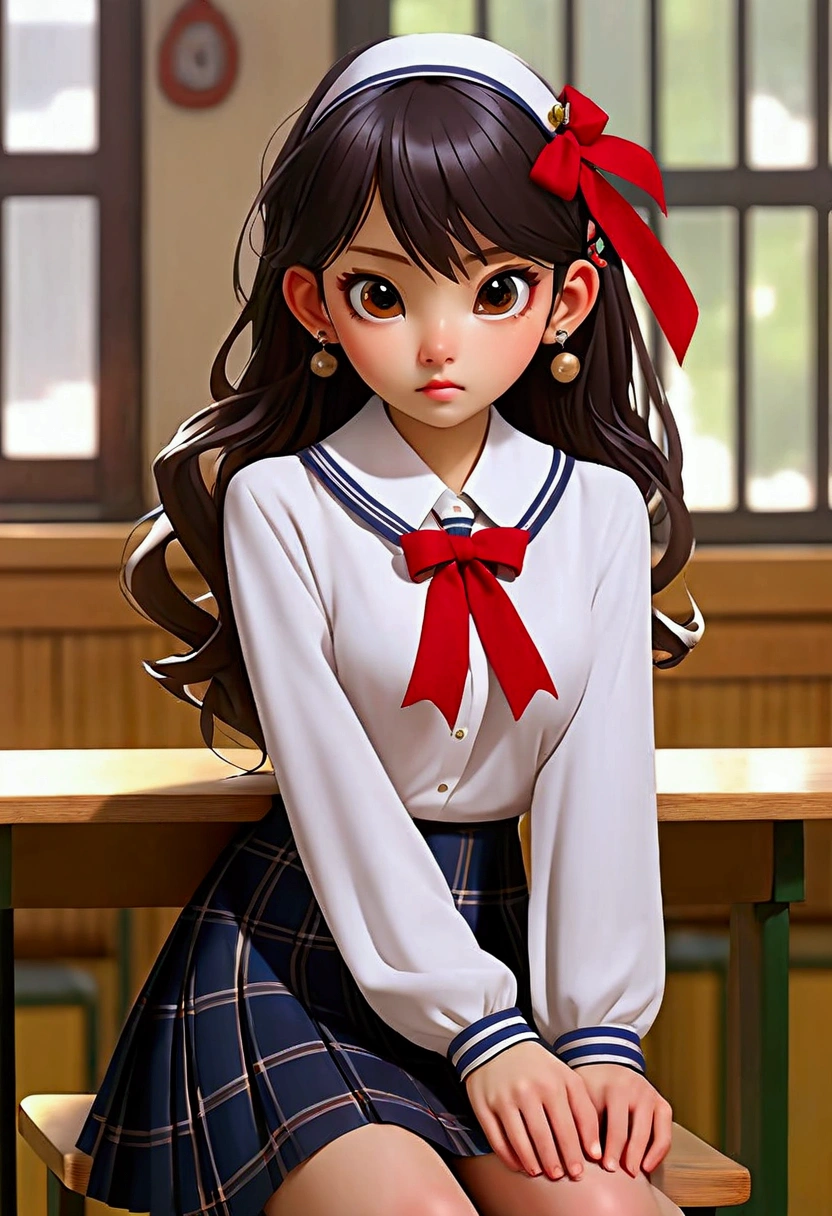 (((8k、High resolution、Highest quality、High resolution)))alone、Natural body shape、White skin、Natural Makeup、Black Hair、bangs、Straight Long Hair、、((High School Uniform)) 、((white collared long sleeve blouse))、((Navy blue checked mini pleated skirt))、(red school ribbon)、、(Big Breasts)、((The upper body is wearing a uniform))、(((((Looking into the camera)))))、(((Head to shin portrait)))、(((Exposing your thighs)))、Bedroom、On the bed、Sit with your legs apart、((Focus on the crotch))、White socks