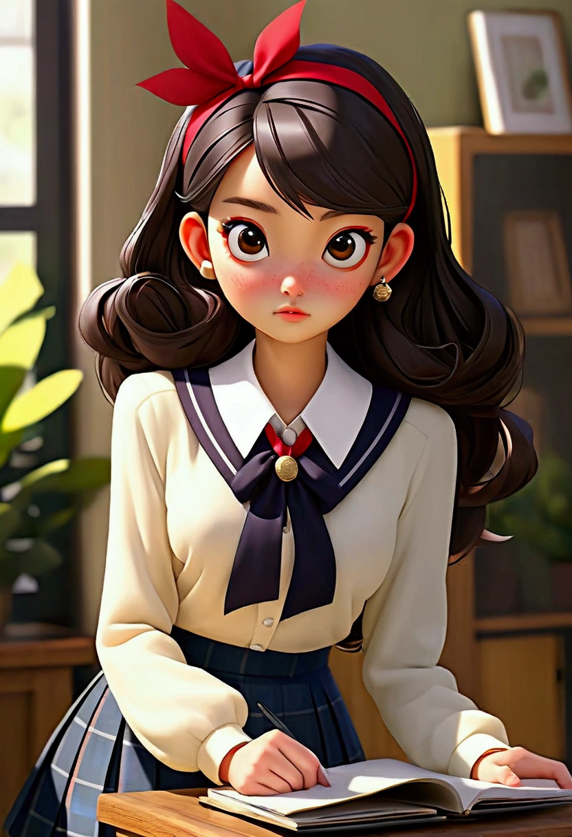 (((8k、High resolution、Highest quality、High resolution)))alone、Natural body shape、White skin、Natural Makeup、Black Hair、bangs、Straight Long Hair、、((High School Uniform)) 、((white collared long sleeve blouse))、((Navy blue checked mini pleated skirt))、(red school ribbon)、、(Big Breasts)、((The upper body is wearing a uniform))、(((((Looking into the camera)))))、(((Head to shin portrait)))、(((Exposing your thighs)))、Bedroom、On the bed、Sit with your legs apart、((Focus on the crotch))、White socks