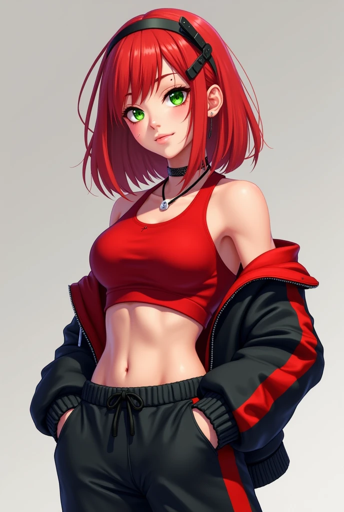 An athletic redhead girl wearing a tight red crop top, black jogger pants, black boots and black and red sports coat, Black Xuxa, He has green eyes and a mole under his eyes.