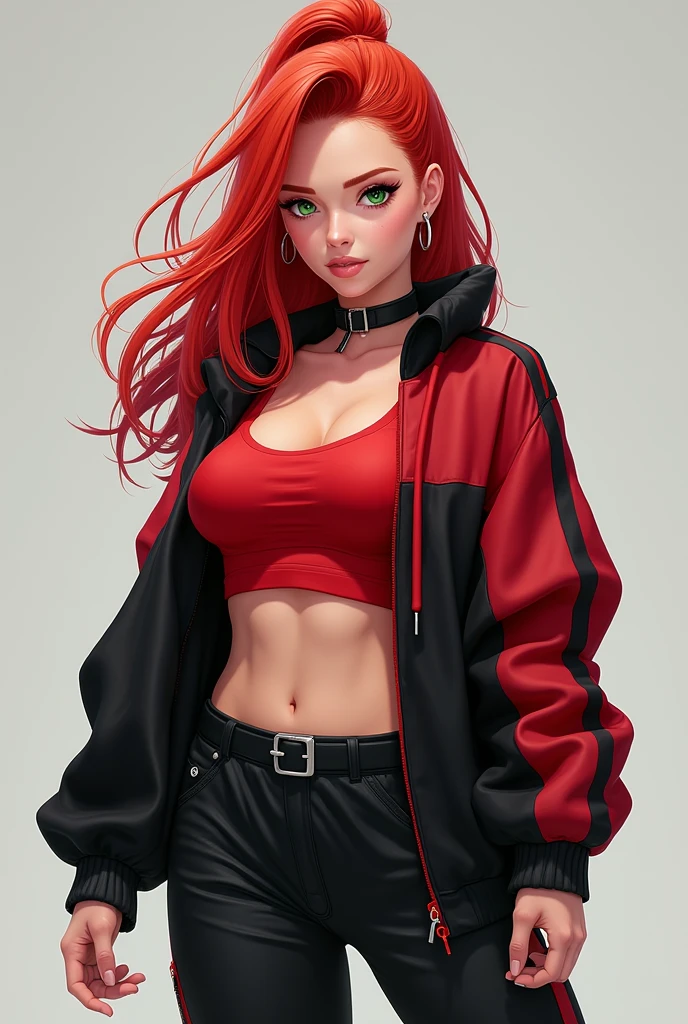 An athletic redhead girl wearing a tight red crop top, black jogger pants, black boots and black and red sports coat, Black Xuxa, He has green eyes and a mole under his eyes.