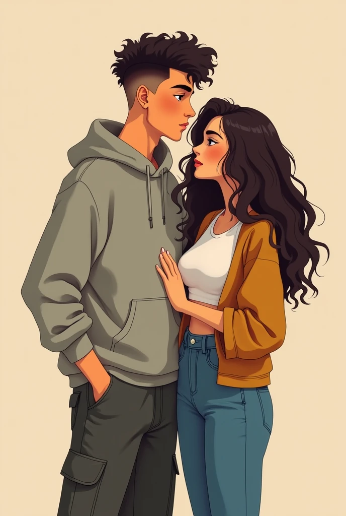 Handsome boy,curly hair,feded hair cut,small eyes,two hands,wearing a huddy,two lags, wearing Cargo pent, standing with her girlfriend