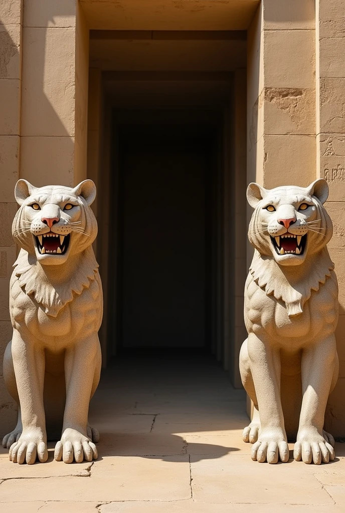 MAKE 2 STONE TIGERS TYPICAL FROM EGYPT CARVED IN STONE ON A STONE BASE ON EITHER SIDE OF THE LARGE AND WIDE ENTRANCE FROM AN EGYPTIAN PERIOD CARVED IN STONE ON EITHER SIDE OF THE ENTRANCE, the tigers have their mouths open showing their teeth frighteningly, grim
