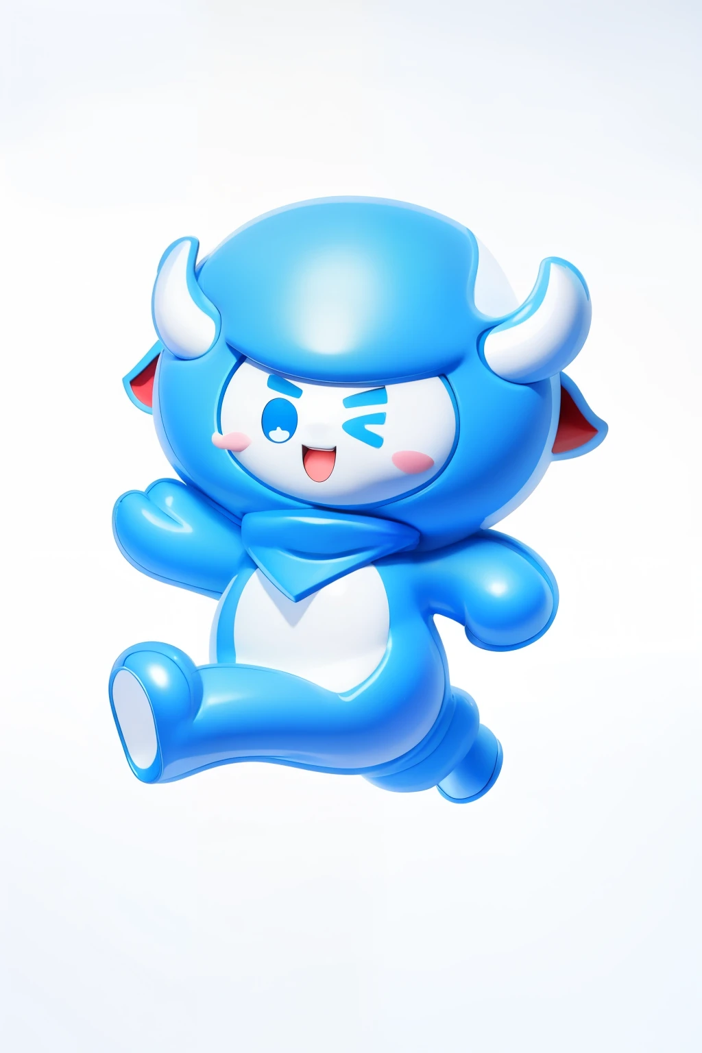 A cute blue cartoon mascot with blue and white color scheme, white face, two horns on its head, wearing a triangular scarf, smiling with its mouth open, jumping in the air, simple background, white background, simple lines and Shaped character design surreal, full body, blushing, beady eyes, 3D effect, clear outline light, rim light, spotlight, 8k