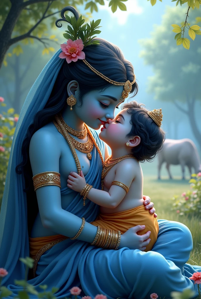 Generate image of cute little krishna facing our side with big fluffy cheeks and big eyes in blue color and body also sky blue colorwith his mother wearing saree and lot of jewellery who is standing and holding him in her lap kissing his cheeks with background of trees and cows along with caption happy krishnashtami.
