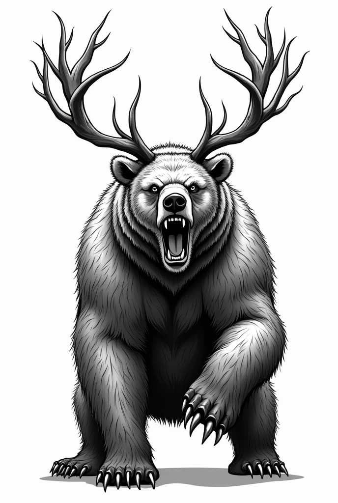 Make the art for a black and white tattoo: a natural bear with deer antlers, standing showing teeth and claws. Leaving it as natural as possible 