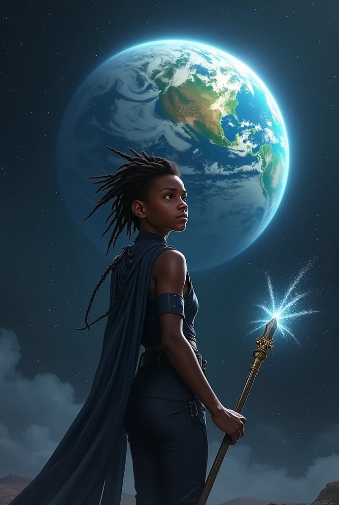 Dark-skinned magical boy with dreadlocks in space staring at the earth while he is completely turned away in a more or less modern outfit, a cape and a staff