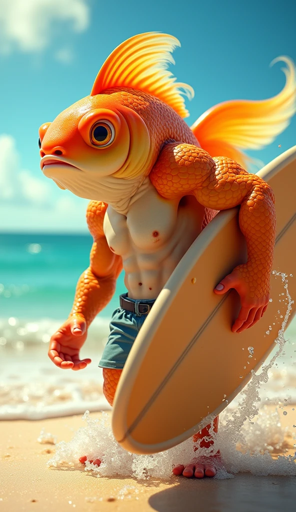 A muscular, chesty, shirtless goldfish on the beach holding a surfboard