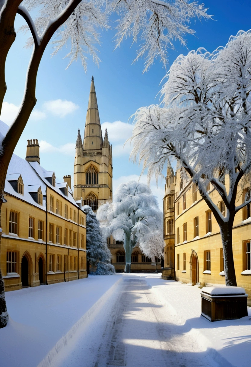 Snow Scenery, Oxford in the snow has a unique flavor, with frozen branches becoming natural works of art, crystal clear ice sculptures decorating ancient buildings, highlighting the city's retro academic atmosphere, (best quality, masterpiece, photorealistic), very aesthetic, perfect composition, intricate details, ultra-detailed, vivid colors