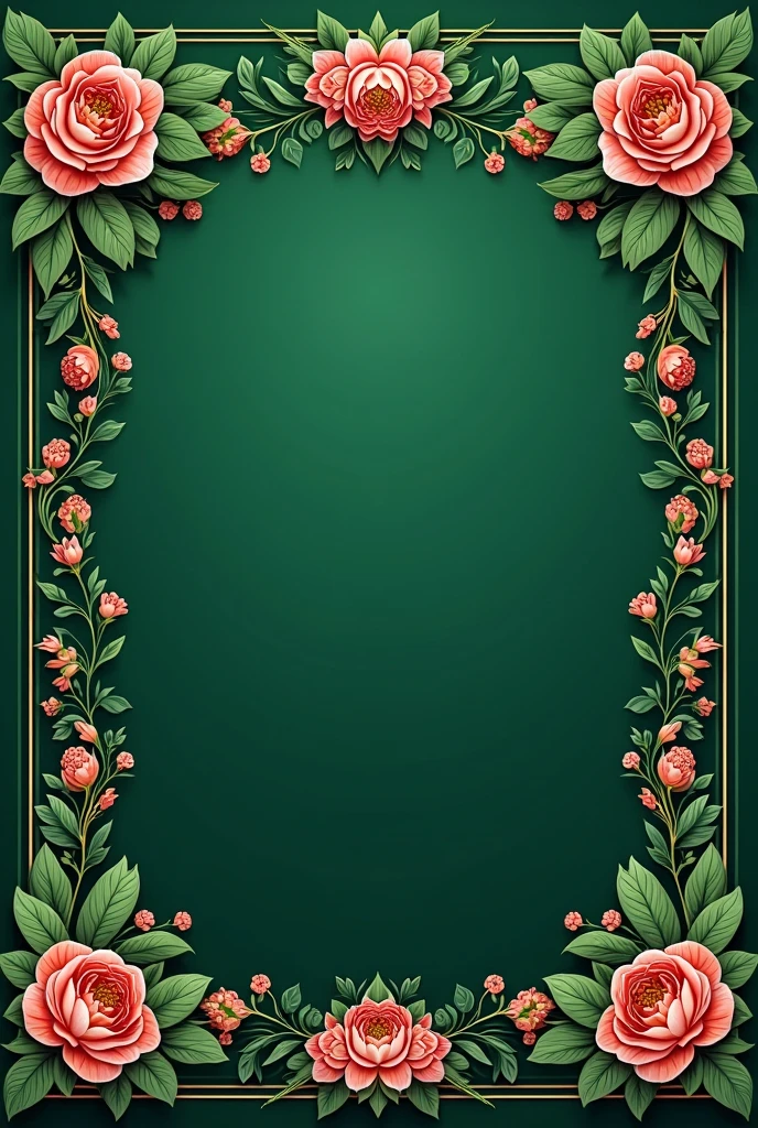 "Design a Nikah Nama (Islamic marriage certificate) template featuring deep green floral patterns arranged in a box shape along all four sides. The floral designs should be intricate and inspired by traditional Islamic and Mughal art, with the deep green color symbolizing growth and harmony. The box-shaped border should be symmetrical, framing the empty center where the text will be placed. Ensure that the floral designs are detailed yet elegant, creating a balanced and harmonious frame that enhances the overall aesthetic of the certificate while leaving the center clean and open for text."