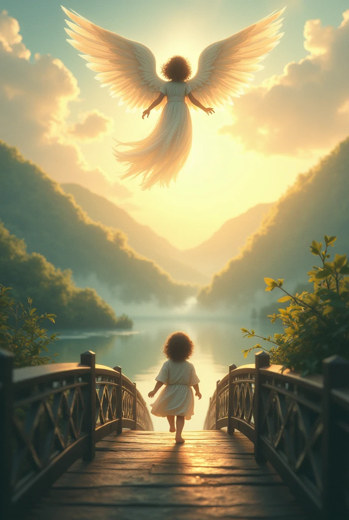 a child walks across a bridge with a guardian angel above him 

