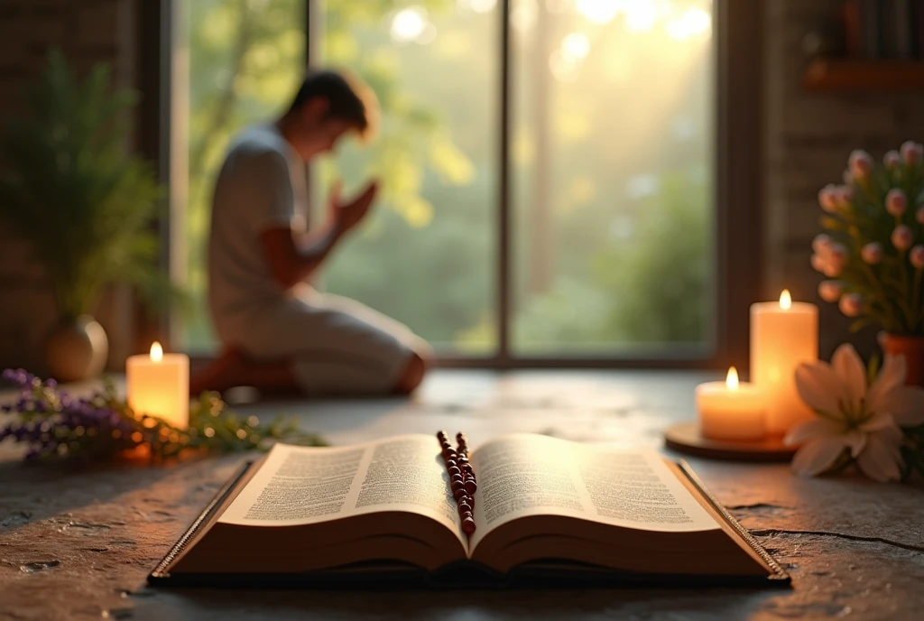 Create a realistic and inspiring scene that highlights a Bible as a background in an ideal environment for prayer. Imagine a quiet and cozy space at dawn, with soft natural light entering through a large window. Place the Bible on a simple pedestal or altar in the center of the scene, with visible open pages revealing passages of text that suggest a message of hope and faith.
Around the Bible, create a prayer environment with a modestly decorated table or altar, including lighted candles, a rosary, and fresh flowers such as lilies or lavender that add a touch of beauty and serenity. In the foreground, place a person in a prayer position - kneeling or sitting in a comfortable seat - with an expression of peace and contemplation, reflecting a deep spiritual connection.
The background can include a natural environment, such as a serene garden with trees and flowers, or a room interior with stone or wood walls, creating a harmonious contrast with the soft morning light. Use a palette of soft, warm colors - shades of gold, green and light blue - to evoke a sense of calm and inspiration. Make sure the Bible is highlighted, symbolizing the importance of prayer and spiritual reflection."