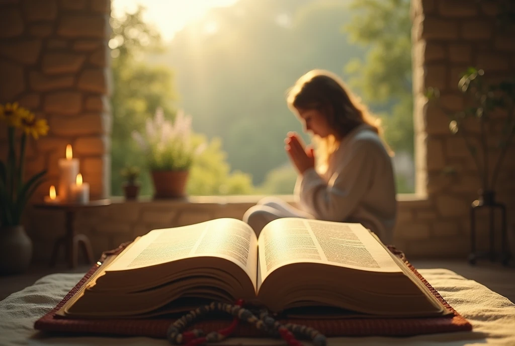 Create a realistic and inspiring scene that highlights a Bible as a background in an ideal environment for prayer. Imagine a quiet and cozy space at dawn, with soft natural light entering through a large window. Place the Bible on a simple pedestal or altar in the center of the scene, with visible open pages revealing passages of text that suggest a message of hope and faith.
Around the Bible, create a prayer environment with a modestly decorated table or altar, including lighted candles, a rosary, and fresh flowers such as lilies or lavender that add a touch of beauty and serenity. In the foreground, place a person in a prayer position - kneeling or sitting in a comfortable seat - with an expression of peace and contemplation, reflecting a deep spiritual connection.
The background can include a natural environment, such as a serene garden with trees and flowers, or a room interior with stone or wood walls, creating a harmonious contrast with the soft morning light. Use a palette of soft, warm colors - shades of gold, green and light blue - to evoke a sense of calm and inspiration. Make sure the Bible is highlighted, symbolizing the importance of prayer and spiritual reflection."