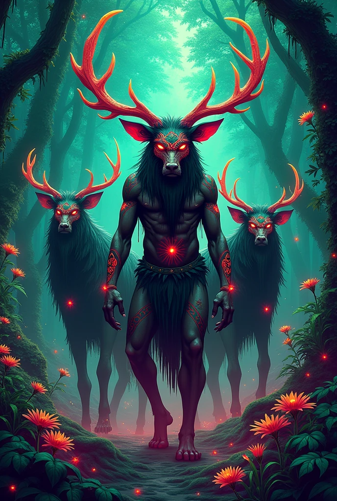 Indigenous forest gods, with vibrant colors and psychedelic background, in green and neon tones