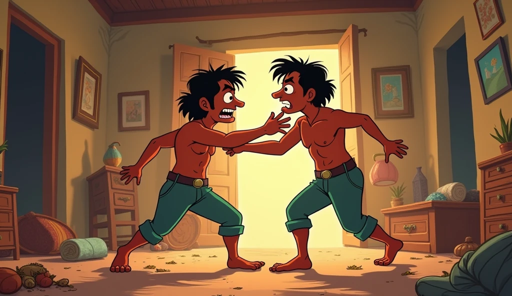 In cinematic 2d cartoon style log shot indian village  The two farmers, dressed identically, angrily fighting and pushing each other, causing chaos inside the house. 

