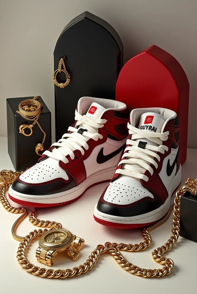 Make a swag image with trap props and no human beings in it, recreate a photo with Jordan sneakers, gold chains, blouses from Gucci, expensive chain and a Versace watch in the picture