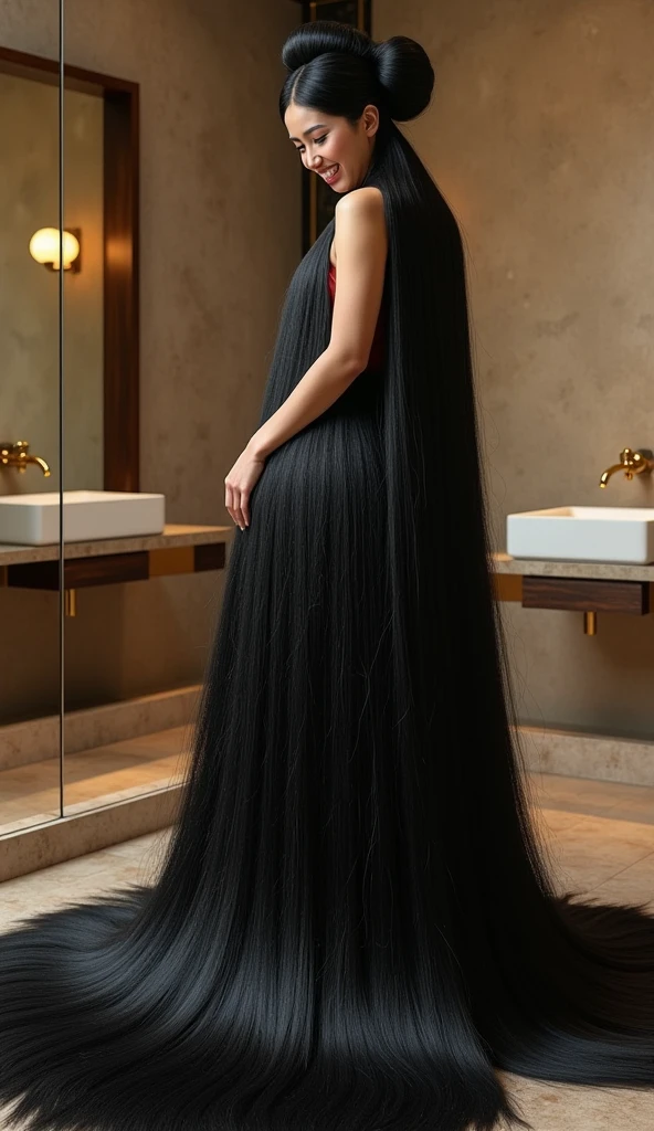 Beautiful Asian woman,((full body shot from hair to feet)), with a very large hair bun, the size of the bun is 6 times the size of her head, very large traditional Javanese hair bun, circular bun, shiny black hair, about 8 meters long hair, very shiny hair, loose hair filling the entire bathroom, ((the floor of bathroom is full of her long hair)) , straight hair,,(( two hands holding a bun)), ,bathroom atmosphere, laughing,(pose looking back over shoulder) ,